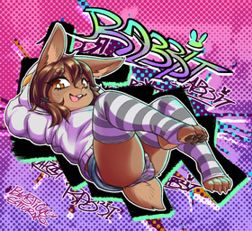 accessory anthro bottomwear brown_body brown_eyes brown_fur buckteeth butt clothed clothing denim denim_bottomwear denim_clothing denim_skirt ears_up eyebrow_through_hair eyebrows eyelashes feet female fluffy fluffy_tail fur graffiti gusset hair hair_accessory hair_tie hood hoodie legwear looking_at_viewer miniskirt open_mouth panties pattern_bottomwear pattern_clothing pattern_legwear pattern_panties pattern_underwear pawpads paws skirt smile solo striped_bottomwear striped_clothing striped_legwear striped_panties striped_underwear stripes tail teeth text topwear translucent translucent_hair underwear blasticussaturn lagomorph leporid mammal rabbit digital_media_(artwork) hi_res signature