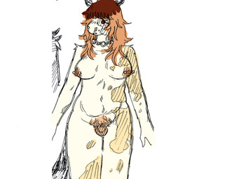 anthro areola balls bangs breasts brown_body chain_collar collar facial_piercing flaccid front_view genitals glans gynomorph hair heart_(marking) intersex long_hair looking_at_viewer markings medium_breasts multicolored_body navel nipple_piercing nipples nose_piercing nude_anthro nude_gynomorph open_mouth penis piercing pubes septum_piercing simple_background slightly_chubby solo standing tan_body two_tone_body white_background white_body hotchickhell bovid bovine cattle mammal hi_res portrait sketch three-quarter_portrait traditional_media_(artwork)