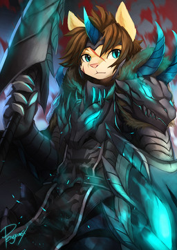 anthro armor black_armor blue_eyes blue_horn brown_hair clothed clothing front_view fur glistening glistening_eyes hair holding_object holding_shield holding_weapon horn male mouth_closed pink_nose shield short_hair simple_background solo tan_body tan_fur weapon penguinexperience felid mammal portrait signature three-quarter_portrait