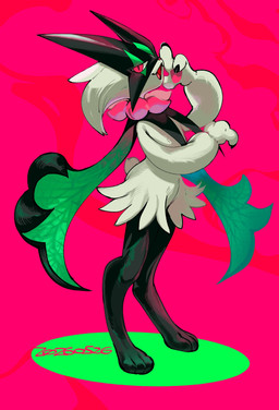 abstract_background ambiguous_gender anthro claws flat_chested fur green_body green_fur green_hair hair looking_at_viewer open_mouth pawpads paws pink_eyes solo tail tongue motyako_1005 nintendo pokemon felid feline generation_9_pokemon mammal meowscarada pokemon_(species) 2026 absurd_res dated hi_res