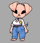 anthro barefoot belt black_eyes bottomwear breasts cleavage clothed clothing denim denim_bottomwear denim_clothing feet female grey_background jeans lanyard pants pink_body pink_skin simple_background smile solo lilmoonie oinky_(lilmoonie) domestic_pig mammal suid suine sus_(pig) 2025