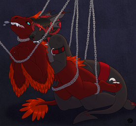 anthro bdsm bondage bound chain chained doggystyle duo from_behind_position hands_tied legs_tied male male/male sex suspension suspension_bondage thatblackfox fetishbruary canid canine dinosaur dromaeosaurid gargoyle mammal prehistoric_species reptile saurischian scalie theropod utahraptor absurd_res hi_res