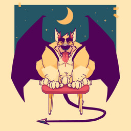 anthro arm_hair black_eyebrows body_hair cheek_tuft chest_hair crouching eyebrows eyes_closed facial_tuft fake_wings fangs flaccid front_view fur genitals gloves_(marking) head_tuft horn male markings moobs moon nipples nude open_mouth overweight overweight_anthro overweight_male penis red_horn red_tongue solo star teeth tongue tongue_out tuft yellow_body yellow_fur chocolateandmilk richard_(chocolateandmilk) canid canine canis domestic_dog mammal 1:1 hi_res