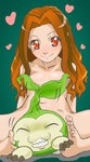 bandai_namco brown_eyes brown_hair convenient_censorship digimon digimon_(species) duo feet female female/female green_background hair heart_symbol hi_res human looking_at_viewer mammal mimi_tachikawa nude simple_background smile tanemon