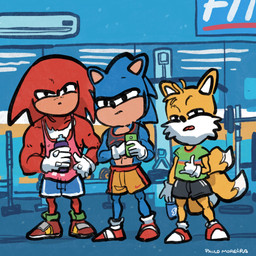 2_tails air_conditioner anthro athletic_wear barbell black_bottomwear black_clothing black_nose black_shorts blue_body blue_bottomwear blue_clothing blue_shirt blue_shorts blue_tank_top blue_topwear bottle bottomwear cellphone clothed clothing clothing_lift container countershading electronics footwear gesture gloves green_clothing green_shirt green_t-shirt green_topwear group gym gym_equipment hand_gesture handwear holding_bottle holding_cellphone holding_container holding_object holding_phone holding_water_bottle inside male mean_look mirror mirror_selfie multi_tail muscular muscular_anthro muscular_arms muscular_male narrowed_eyes phone pink_clothing pink_shirt pink_tank_top pink_topwear posing_for_picture pulley red_body red_clothing red_footwear red_shoes selfie shaka_sign shirt shirt_lift shoes shorts slim_anthro slim_male smartphone squinted_eyes t-shirt tail taking_picture taking_selfie tan_body tan_countershading tank_top thin_legs topwear trio water_bottle white_clothing white_gloves white_handwear yellow_body yellow_bottomwear yellow_clothing yellow_shorts paulo_moreira sega sonic_the_hedgehog_(series) knuckles_the_echidna miles_prower sonic_the_hedgehog canid canine echidna eulipotyphlan fox hedgehog mammal monotreme 1:1 2022 digital_drawing_(artwork) digital_media_(artwork) hi_res portuguese_description signature