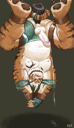 anal anal_masturbation anal_penetration anthro balls barefoot belly biped black_stripes bodily_fluids bottomwear bound brown_background brown_pawpads chain chained clothed clothing countershading cuff_(restraint) cum cum_on_ground cum_while_penetrated dildo dildo_in_ass dildo_insertion erection eyes_closed facial_scar feet fingerless_gloves fur genital_fluids genitals gloves hair hands_tied handwear humanoid_genitalia humanoid_hands humanoid_penis legs_tied male male_penetrated markings masturbation moobs navel nipples object_in_ass open_mouth orange_body orange_fur overweight overweight_anthro overweight_male partially_clothed pawpads penetration penis pink_nipples prehensile_tail restraints scar sex_toy sex_toy_in_ass sex_toy_insertion shackles shorts simple_background solo striped_body striped_fur striped_markings striped_tail stripes suspension tail tail_markings tattoo teeth toying_self upside_down white_balls white_body white_countershading white_hair white_penis abruptus lifewonders tokyo_afterschool_summoners hombre_tigre_(tas) felid mammal pantherine tiger 2019 absurd_res digital_media_(artwork) hi_res
