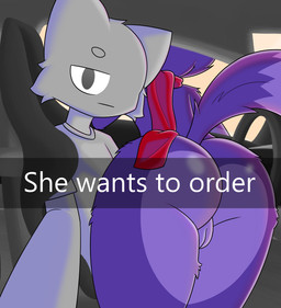 anthro butt car_interior clothing dipstick_tail duo female fur genitals grey_body grey_eyes grey_fur looking_at_viewer male markings multicolored_body multicolored_fur purple_body purple_fur red_scarf scarf tail tail_markings text two_tone_body two_tone_fur vulva mobzylewd he_wants_to_order anon skylar_(sfox) canid canine fox mammal digital_drawing_(artwork) digital_media_(artwork) english_text hi_res meme