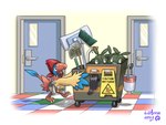ambiguous_gender black_eyes broom bucket cleaning_tool container door eyebrows feathered_wings feathers feet feral floor group janitor open_mouth pushing shadow sharp_teeth tail talons teeth tile tile_floor toes tongue trio walking wall_(structure) wet_floor_sign white_sclera wings lilarrin nintendo pokemon archen charmander fossil_pokemon generation_1_pokemon generation_5_pokemon pokemon_(species) trubbish 2023 hi_res