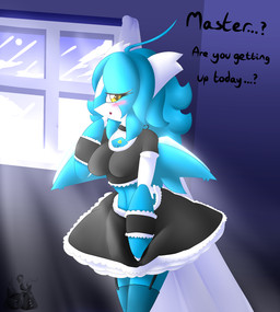 anthro anthrofied blue_hair blush breasts clothing female hair maid_uniform master pokemorph solo text uniform yellow_eyes latiar nintendo pokemon fan_character tiara_(latiar) generation_3_pokemon latios legendary_pokemon pokemon_(species) english_text