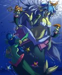 blue_hair bra breasts brown_hair clothed clothing featureless_breasts female fish_tail group hair melee_weapon midriff navel polearm seashell_bra smile split_form topless trident underwater underwear water weapon sonicboom30813 shantae_(series) wayforward giga_mermaid_(shantae) shantae_(mermaid_form) asterozoan echinoderm humanoid marine merfolk starfish hi_res