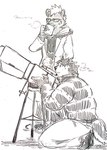anthro beverage canid canine canis clothed clothing container cup dog_operator domestic_dog donguri306 drinking duo eyewear glasses hair hi_res holding_container holding_cup holding_object hyena jacket lifewonders live_a_hero male mammal monochrome protagonist_(live_a_hero) roiker sketch spotted_hyena tail telescope topwear