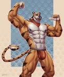 abs anthro biceps big_muscles black_lips blue_nipples blue_nose bottomwear bulge cereal cereal_bowl claws clothed clothing countershade_torso countershading detailed_bulge fist flexing food fur jockstrap jockstrap_only kerchief lips looking_at_viewer male markings mascot multicolored_body muscular muscular_anthro muscular_male muscular_thighs neckerchief neckwear nipples obliques open_mouth orange_body orange_fur pecs red_clothing red_jockstrap red_kerchief red_neckerchief red_underwear sharp_teeth simple_background smile solo standing striped_body striped_fur stripes tail tail_holding_object tail_markings teeth topless underwear underwear_only white_body white_fur amon-sydonai frosted_flakes kellogg's tony_the_tiger felid mammal pantherine tiger 2023 digital_media_(artwork) digital_painting_(artwork) hi_res painting_(artwork)