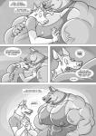 anthro bodily_fluids bone canid canine canis comic dialogue domestic_dog drooling english_text furious_(artist) german_shepherd greyscale groover herding_dog hi_res male male/male mammal meatier_shower monochrome pastoral_dog saliva scarf sniffing tanz text