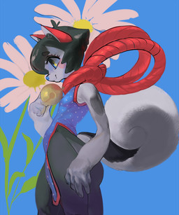 abstract_background anthro bell bell_collar black_body black_fur black_hair blush bottomwear butt clothed clothing collar flower fluffy fluffy_tail fully_clothed fur grey_body grey_fur hair looking_down male male_anthro pants plant smile solo standing tail mighty-whydah canid canine canis domestic_dog mammal shiba_inu spitz 2020 digital_media_(artwork) digital_painting_(artwork) painting_(artwork)