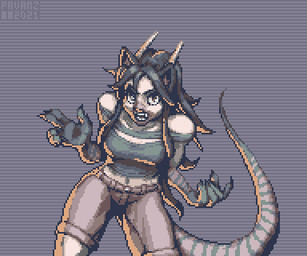 arm_markings black_hair bottomwear breasts brown_eyes claws clothing eyebrows fangs female finger_claws hair horn long_hair long_tail looking_at_viewer markings midriff mouth_markings open_mouth pointy_ears shirt shorts simple_background solo striped_arms striped_markings striped_tail stripes tail tail_markings teeth thick_eyebrows topwear torn_clothing torn_shirt torn_topwear pavanz luhan_(minitiken) animal_humanoid felid felid_humanoid humanoid hybrid lizard_humanoid mammal mammal_humanoid murid murid_humanoid murine murine_humanoid rat_humanoid reptile reptile_humanoid rodent rodent_humanoid scalie scalie_humanoid 2021 6:5 digital_media_(artwork) low_res pixel_(artwork) portrait three-quarter_portrait watermark