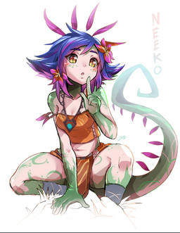 accessory clothing crouching female flower flower_in_hair hair hair_accessory jewelry navel necklace open_mouth plant raised_finger simple_background solo text white_background sollyz league_of_legends riot_games tencent neeko_(lol) animal_humanoid humanoid scalie scalie_humanoid 2018 english_text hi_res signature