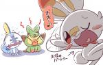 ambiguous_gender angry bodily_fluids chibi crying feral fur group one_eye_closed smile starter_trio tears text thin_calves thin_legs thin_thighs trio white_body white_fur wink nettsuu nintendo pokemon generation_8_pokemon grookey lagomorph mammal pokemon_(species) primate scorbunny sobble 2019 japanese_text translation_request