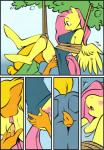 333456 anthro anthrofied apple applejack_(mlp) bdsm blonde_hair blush bondage bound comic cunnilingus cutie_mark dominant dominant_female duo earth_pony equid equine eyes_closed feathered_wings feathers female female/female fingering fluttershy_(mlp) food freckles friendship_is_magic fruit genitals hair hasbro hi_res hoof_beat horse looking_down mammal my_little_pony mythological_creature mythological_equine mythology oral orange_body outside pegasus plant pony pussy rope sex submissive submissive_female tree vaginal vaginal_fingering wide_eyed wings yellow_body yellow_feathers