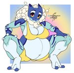 2021 amphibian anthro belly big_belly big_breasts blue_body bottomwear bra breasts cleavage clothed clothing crouching digital_media_(artwork) eyelashes female frogadier generation_6_pokemon hands_on_legs hi_res looking_at_viewer markings morgan_gorgon multicolored_body navel nintendo pokemon pokemon_(species) pregnant pregnant_anthro pregnant_female red_eyes solo underwear yellow_sclera