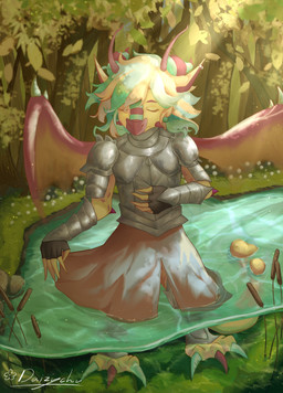 anthro armor athletic bottomwear clothing female grass hair horn multicolored_body multicolored_hair nature partially_submerged piercing plant purple_eyes river skirt solo tree wings yellow_body daisychu mythology o_hear_thee cynthia_(oth) dragon mythological_creature mythological_scalie scalie absurd_res hi_res
