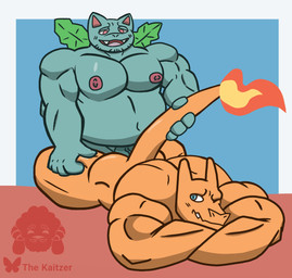 anal anthro barazoku belly blush duo male male/male muscular pecs penetration sex squeezing tail the_kaitzer mythology nintendo pokemon amphibian charizard dragon frog generation_1_pokemon mythological_creature mythological_scalie pokemon_(species) scalie venusaur hi_res