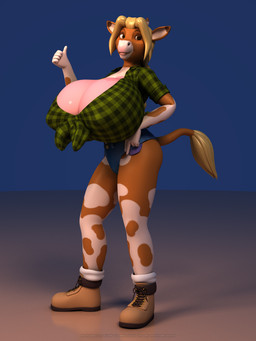 anthro big_breasts blonde_hair breasts cleavage clothed clothing female fur gesture hair hand_gesture horn huge_breasts hyper hyper_breasts looking_at_viewer simple_background smile solo thumbs_up anthroanim annabelle_cow bovid bovine cattle mammal 2016 3:4 3d_(artwork) digital_media_(artwork) hi_res