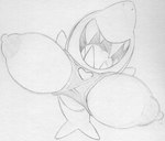 big_breasts breasts clothing female huge_breasts nipples non-mammal_breasts non-mammal_nipples open_mouth open_smile sharp_teeth smile solo teeth tongue topwear sbshouseofpancakes hanna-barbera jabberjaw jellystone_(hbo_max) jabberjaw_(character) fish marine shark monochrome traditional_media_(artwork)