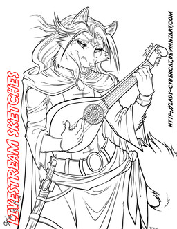 ambiguous_gender anthro clothed clothing fur hair holding_musical_instrument holding_object lute mandolin musical_instrument open_mouth playing_music plucked_string_instrument smile solo standing string_instrument cybercat canid canine fox mammal monochrome watermark