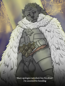 anthro armor balls big_balls black_body black_fur bottomless bottomless_anthro bottomless_male cape clothed clothing embarrassed flaccid fur genitals humiliation male micropenis partially_clothed penis penis_humiliation presenting presenting_penis small_penis small_penis_humiliation solo text nothregal elden_ring fromsoftware blaidd_(elden_ring) canid canine canis mammal wolf english_text