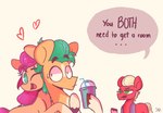 beverage blonde_hair bodily_fluids dialogue female group hair heart_symbol hug male simple_background smoothie sweat sweatdrop text turquoise_hair white_background scribble-potato hasbro mlp_g5 my_little_pony hitch_trailblazer_(mlp) sprout_cloverleaf_(mlp) sunny_starscout_(mlp) earth_pony equid equine horse mammal pony english_text hi_res