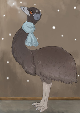 ambiguous_gender avian_feet beak biped black_body brown_body clothing feathers feet feral grey_beak grey_body inside mostly_nude orange_eyes scarf side_view simple_background snow snowing solo standing tail toes winter fusau avian bird emu ratite 2022 absurd_res digital_media_(artwork) full-length_portrait hi_res portrait