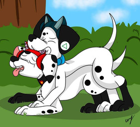 butt collar desconocido duo female feral male male/female sex toony unknown_artist 101_dalmatian_street 101_dalmatians disney violator canid canine canis dalmatian domestic_dog mammal source_request