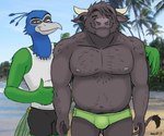 anthro beach bottomwear clothing duo eyes_closed front_view fur fur_tuft gesture hand_gesture horn hover_hand male male/male musclegut muscular muscular_male nipples seaside shirt shirtless shirtless_male shorts size_difference smile smiling_at_viewer smug speedo swimwear tank_top thumbs_up topwear tuft nanoff european_mythology greek_mythology minotaur_hotel mythology p_(minotaur_hotel) storm_(minotaur_hotel) avian bird bovid bovine cattle galliform mammal minotaur peafowl phasianid 6:5