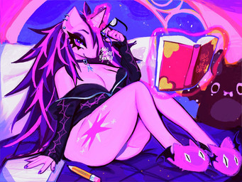 anthro book bottomless breasts cleavage clothed clothing collar ear_piercing ear_ring eyeshadow eyewear female footwear glasses hair horn jacket long_hair makeup pencil_(object) piercing plushie ring_piercing shoes slippers solo topwear thecurlydemon friendship_is_magic hasbro my_little_pony mythology twilight_sparkle_(mlp) equid equine mammal mythological_creature mythological_equine unicorn