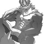 anthro bottomwear clothing looking_at_viewer male muscular muscular_male nipples pants pecs sitting smile solo warwickislovely league_of_legends riot_games tencent warwick_(lol) canid canine canis mammal wolf 1:1 hi_res monochrome