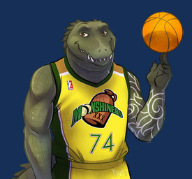 arm_tattoo ball_on_finger basketball_jersey brown_eyes clothing green_body green_clothing green_skin head_spikes logo male markings multicolored_clothing muscular number scale_markings scales sharp_teeth snout solo spiked_tail spikes spikes_(anatomy) tail tattoo teeth tribal tribal_tattoo yellow_clothing tacorat alligator alligatorid crocodilian reptile scalie 2016 alpha_channel