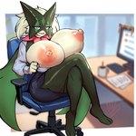 anthro areola big_breasts blue_bottomwear blue_clothing blue_skirt blue_topwear bottomwear breasts chair clothing crossed_legs exposed_breasts eyelashes female fur furniture green_body green_fur huge_breasts looking_at_viewer mask nipples office_chair office_clothing office_lady open_mouth pink_areola pink_eyes pink_nipples pink_nose pupils sitting skirt slit_pupils solo thick_thighs topwear wide_hips whotfiskenox nintendo pokemon felid generation_9_pokemon mammal meowscarada pokemon_(species) 1:1 hi_res