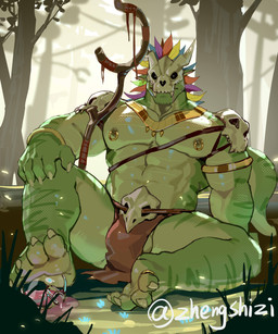 abs anthro armlet ball_slip balls barazoku biceps bone bone_mask bottomwear clothing digit_ring feet front_view genitals green_body green_scales jewelry loincloth male manly mask muscular muscular_anthro muscular_male nipple_piercing nipple_ring nipples non-mammal_nipples pecs piercing plant ring ring_piercing scales sitting skull skull_mask solo staff stocky tail toe_ring toes tree zhengshizi terraria witch_doctor_(terraria) lihzahrd lizard reptile scalie absurd_res hi_res