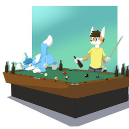 anthro ball beer_bottle billiard_ball billiard_table billiards blue_body bottle container cue_ball cue_stick duo furniture humor inflatable laying_on_table lying male non-dextrus_anthro on_front pun raised_tail table tail toony jearic kendall_sinwy animate_inanimate bassariscus canid canine fox living_inflatable mammal procyonid ring-tailed_cat 1:1 2014 hi_res