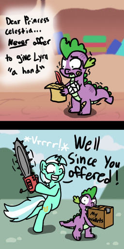 box chainsaw cloud container cutie_mark dialogue duo female feral frown fur green_body green_fur hair horn humor inside long_hair loose_feather male multicolored_hair open_mouth outside power_tool pun quill scroll sky smile tail text tools two_tone_hair weapon mettauro friendship_is_magic hasbro my_little_pony mythology lyra_heartstrings_(mlp) spike_(mlp) dragon equid equine mammal mythological_creature mythological_equine mythological_scalie scalie unicorn 1:2 comic english_text