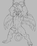 2_toes anthro armpit_hair badcoyote balls body_hair chain chained erection feet felid feline fur furry_balls genitals goldar greyscale hi_res male mammal monochrome monster muscular muscular_male nude power_rangers solo toes wings