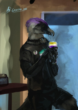 beak beverage bottomwear clothed clothing coffee coffee_shop coffee_table feathers furniture holding_object lgbt_pride pride_color_accessory pride_colors shorts solo table gaertan accipitrid accipitriform avian bearded_vulture bird old_world_vulture vulture digital_drawing_(artwork) digital_media_(artwork) hi_res shaded