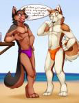 4_toes 5_fingers anthro barefoot beach black_body black_fur black_nose breaking_the_fourth_wall brown_body brown_fur bulge clothed clothing collarbone day dialogue digitigrade duo feet fingers fur hand_on_hip leaning looking_at_another looking_down male open_mouth orange_clothing orange_eyes orange_speedo orange_swimwear outside purple_clothing purple_eyes purple_speedo purple_swimwear sand seaside skimpy sky smile speech_bubble speedo standing swimwear text toes topless water white_body white_fur wintersnowolf canid canine canis mammal wolf 2014 comic digital_media_(artwork) english_text