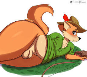 anthro arrow_(weapon) balls black_eyes blush bottomless bow_(weapon) clothed clothing femboy flaccid foreskin genitals hand_on_hip hat headgear headwear heart_pupils huge_thighs lying male multicolored_body navel on_side open_mouth partially_retracted_foreskin patreon_logo penis quiver_(object) ranged_weapon shirt shortstack shortstack_male slightly_chubby solo thick_thighs topwear two_tone_body weapon inuzu disney patreon robin_hood_(disney) robin_hood canid canine fox mammal red_fox true_fox 2022 digital_media_(artwork) hi_res