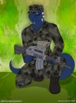 2018 3:4 abstract_background acog_scope ar-15 argonian army assault_rifle bethesda_softworks blue_body blue_scales boots camo camo_print clothed clothing crouching flat_colors footwear full-length_portrait gun hat headgear headwear hi_res kneeling looking_at_viewer m4 male microsoft military military_uniform on_one_knee palmarianfire portrait ranged_weapon rifle scales scalie simple_background soldier solo text the_elder_scrolls tristen uniform url warrior weapon