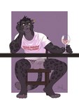 anthro bulge chair clothing container cup digit_ring drinking_glass ear_piercing ear_ring feet furniture glass glass_container glass_cup jewelry male melanistic piercing ring ring_piercing solo table text toe_ring toes wine_glass russell_allen metz'eztli felid mammal pantherine hi_res