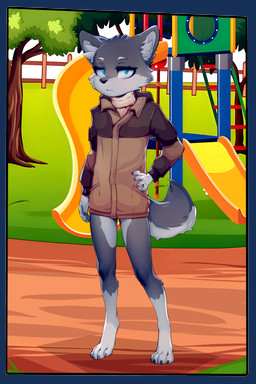 anthro barefoot black_nose blue_eyes clothed clothed_female clothing digitigrade feet female fur grey_body grey_fur leg_markings looking_at_viewer markings socks_(marking) solo tail young young_anthro young_female ai_assisted ai_generated_background sicmop canid canine canis mammal wolf absurd_res hi_res