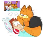 anthro anthrofied bed blush clothing duo embarrassed fur furniture humor male male/male orange_body orange_fur overweight overweight_male pajamas pillow shirt t-shirt topwear vilya garfield_(series) garfield_the_cat jon_arbuckle domestic_cat felid feline felis human mammal