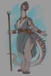 anthro armlet belt big_breasts breasts clothed clothing female front_view fully_clothed gold_(metal) gold_jewelry gold_necklace green_eyes holding_object holding_staff jewelry long_neck long_tail necklace non-mammal_breasts smile solo staff standing tail thick_thighs wide_hips adalfyre brachiosaurid brachiosaurus dinosaur prehistoric_species reptile sauropod sauropodomorph scalie 2:3