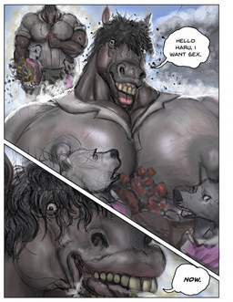 anthro black_hair bodily_fluids brown_body disgusting_smell duo flower hair male nipples plant smelly sweat ugly_bastard hohohonse equid equine horse mammal comic hi_res